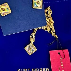 Kurt Geiger Gold and Iridescent Square Earrings and Necklace Set NWT